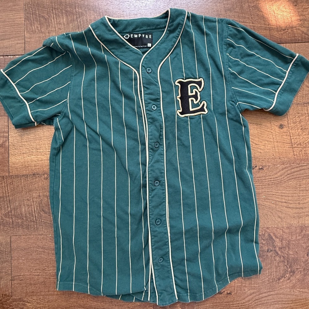 Empyre Baseball Jersey Mens Large Teal Green Pinstripe Embroidered E Button Up